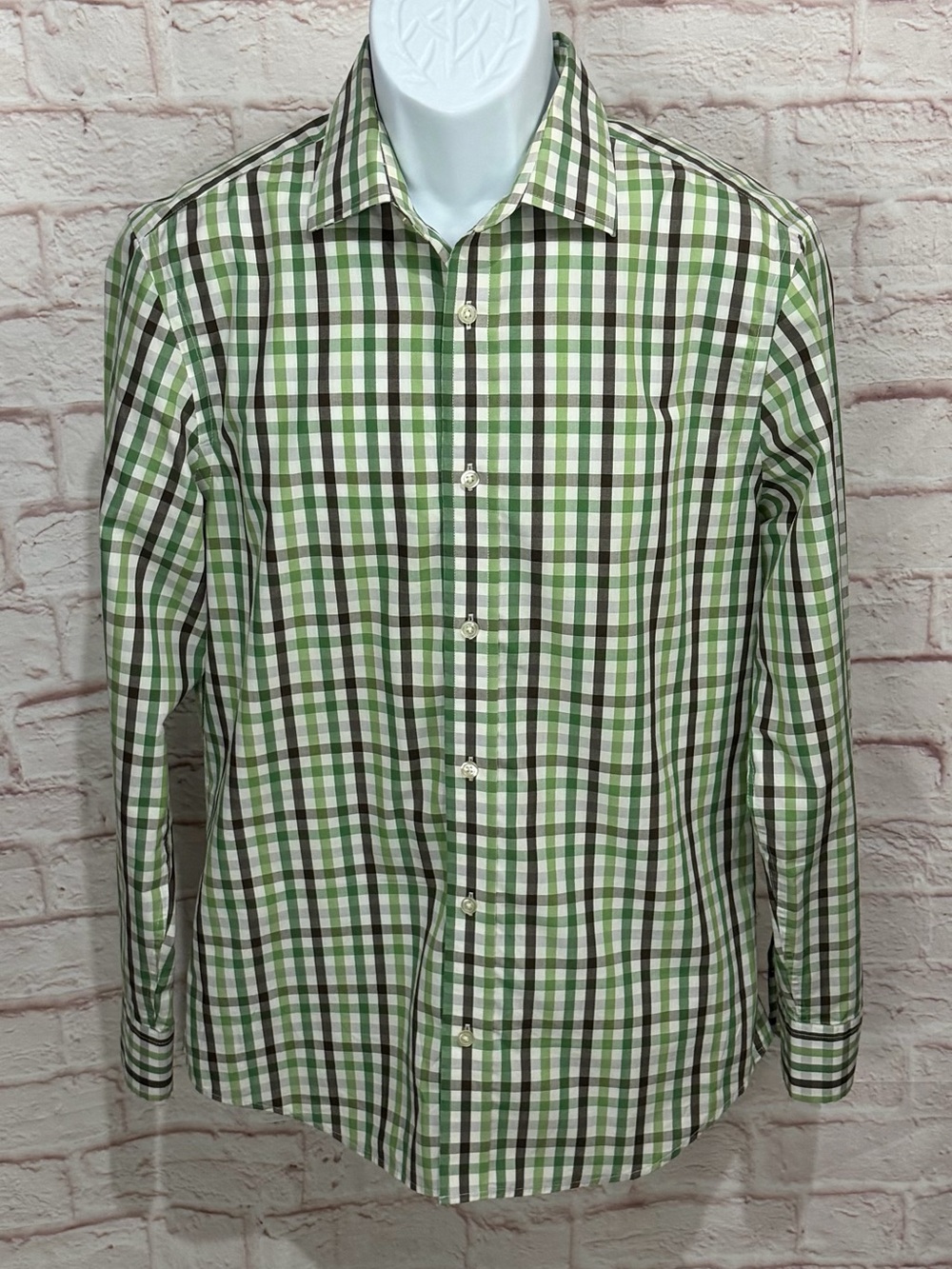 Banana Republic Non Iron Shirt Mens M 15-15.5 Slim Fit Green Brown Plaid